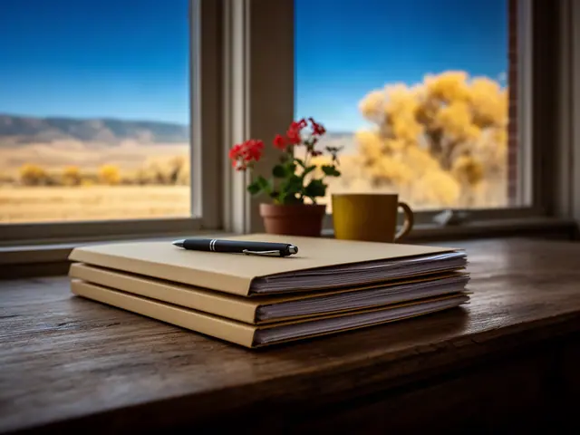A neat stack of closed manila folders and a pen on a desk by a window.