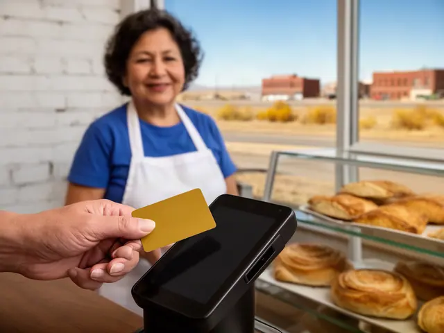 A customer taps a card on a counter terminal at a small family bakery.