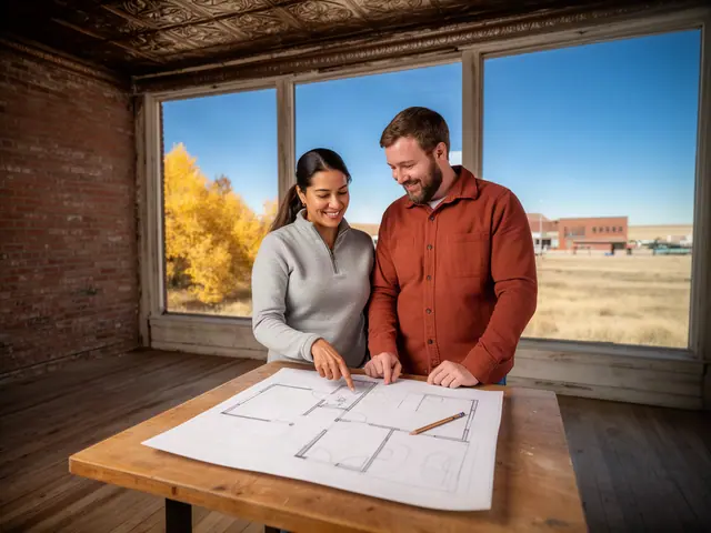 Two business partners looking over a pencil floor sketch in an empty storefront.