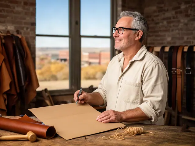 A man with short gray hair and black-framed glasses at a work table with a closed folder in a small leather-goods and belt workshop.